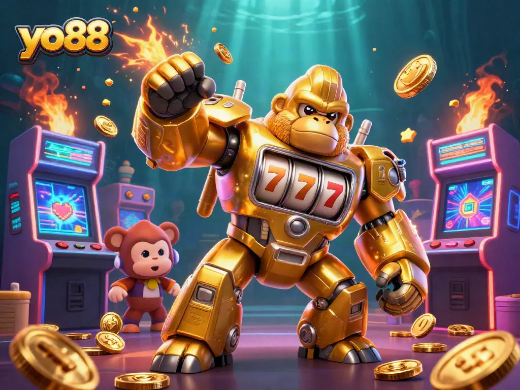 Engage in thrilling slots with yo88, where a golden gorilla mech bursts with coins in an action-packed casino scene.