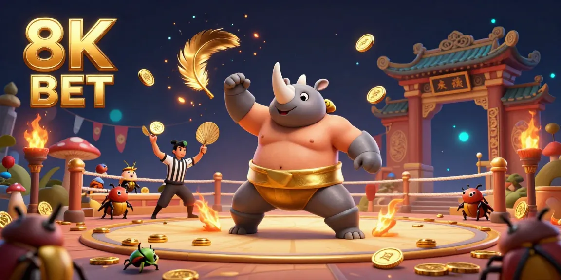 Witness the excitement of 8K BET as a rhinoceros beetle champion stomps gold coins, showcasing vibrant casino energy.