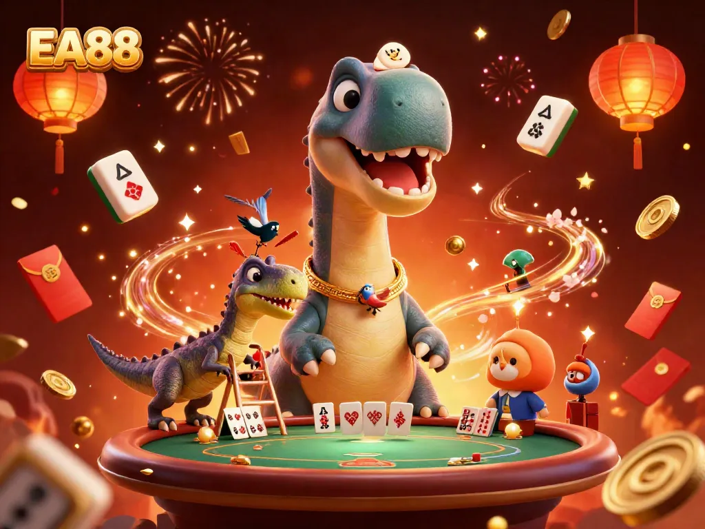 Experience the thrilling atmosphere of EA88 with a dynamic casino scene featuring playful dinosaur characters.