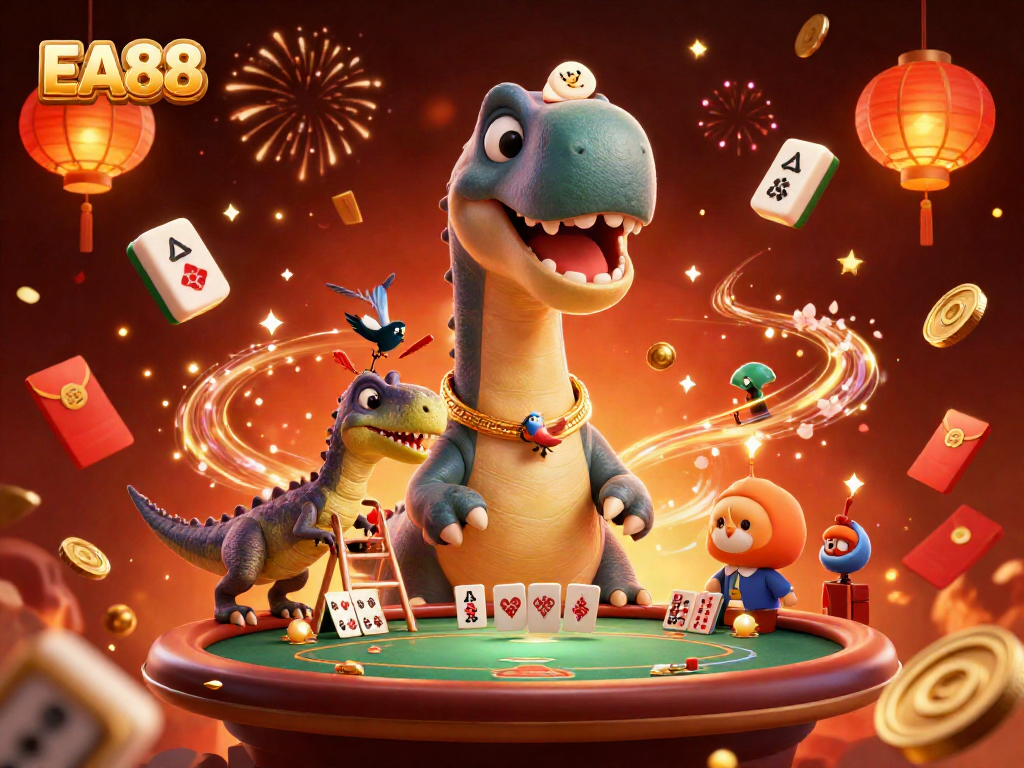 Experience the thrilling atmosphere of EA88 with a dynamic casino scene featuring playful dinosaur characters.