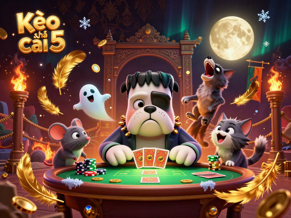 Experience Kèo nhà cái 5 with a cartoon bulldog dealer and spooky casino ambiance.