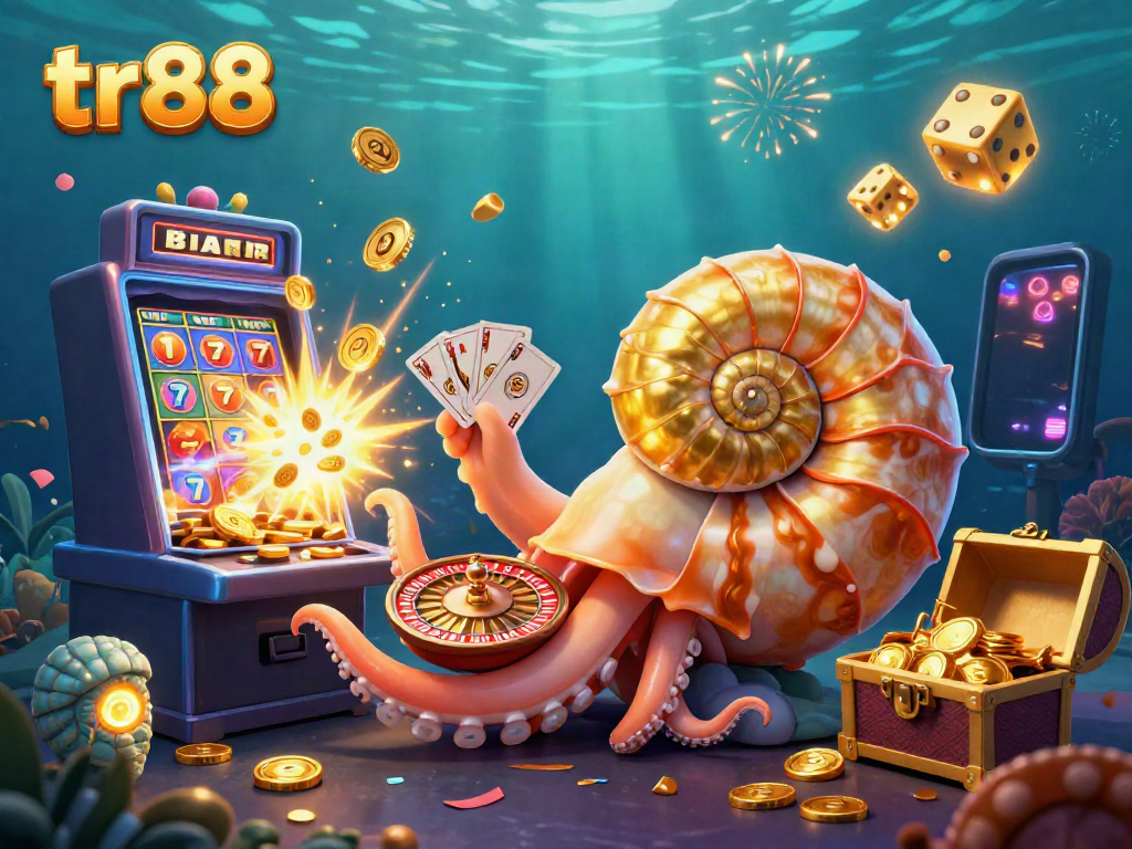 Experience thrilling casino action with tr88's vibrant 3D illustration featuring a nautilus roulette wheel and a slot machine.