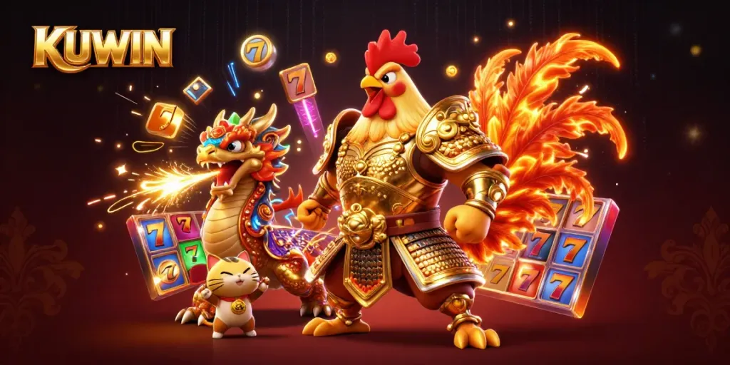 KUWIN's immersive gaming experience illustrated with a fiery rooster warrior and a dragon mascot amidst vibrant slots and neon lights.