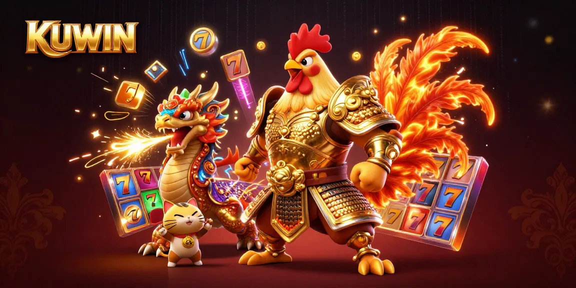 KUWIN's immersive gaming experience illustrated with a fiery rooster warrior and a dragon mascot amidst vibrant slots and neon lights.