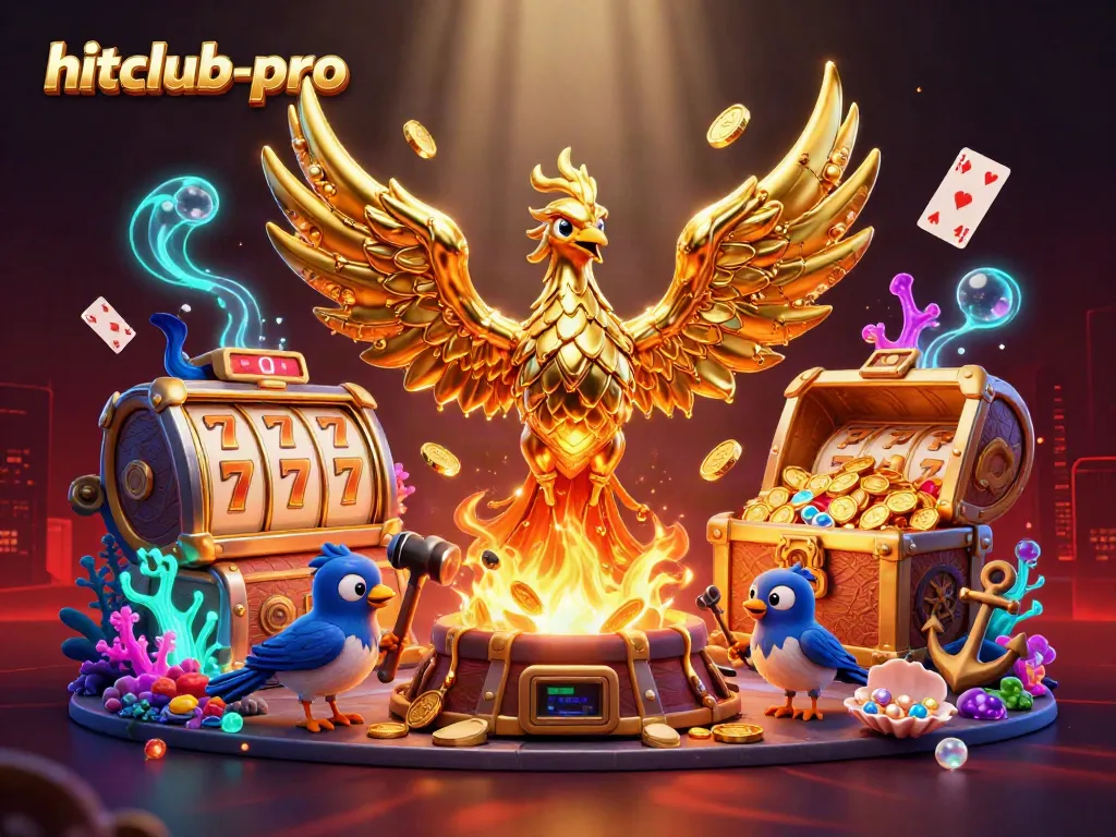 Experience the thrill of gaming with hitclub-pro featuring a molten golden phoenix and vibrant casino elements.