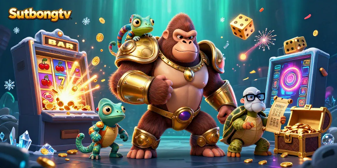 Sutbongtv showcases an epic scene of a powerful gorilla king surrounded by vibrant casino elements, exemplifying an engaging gaming experience.