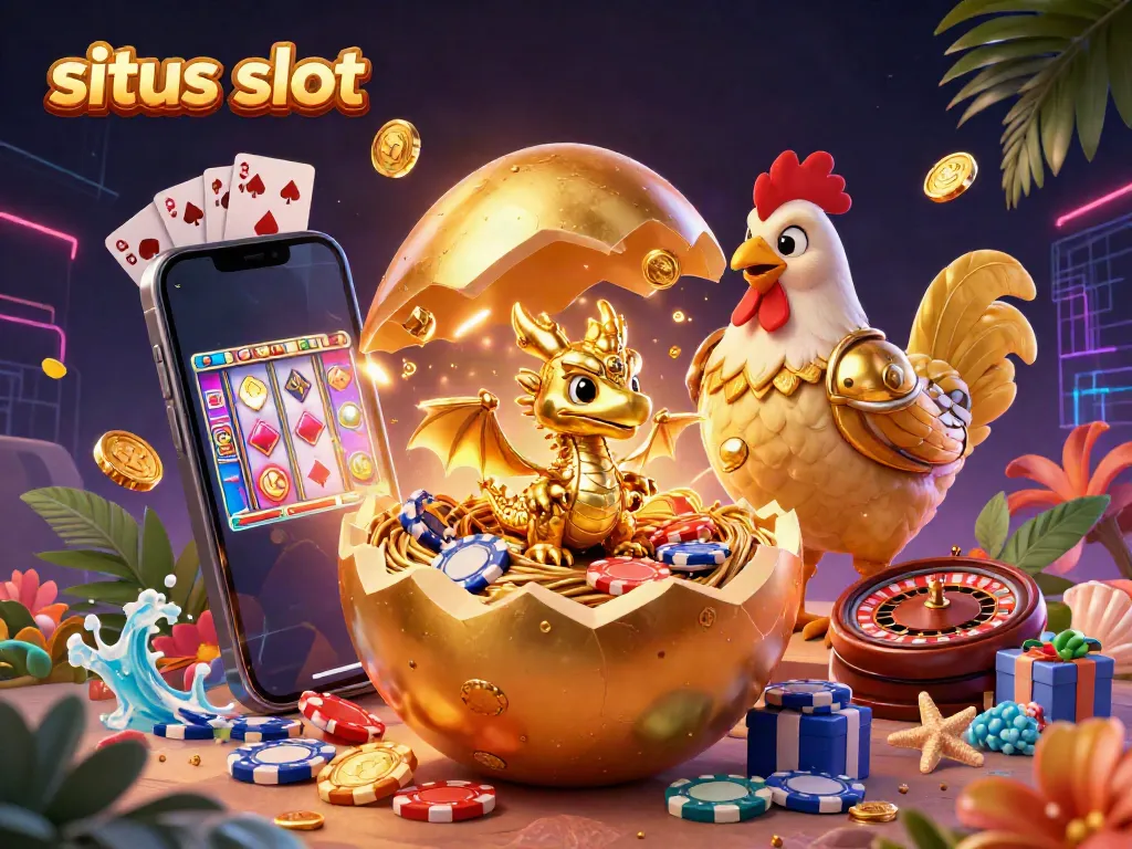 Experience situs slot excitement with a golden dragon and dynamic casino elements in a vibrant 3D illustration.