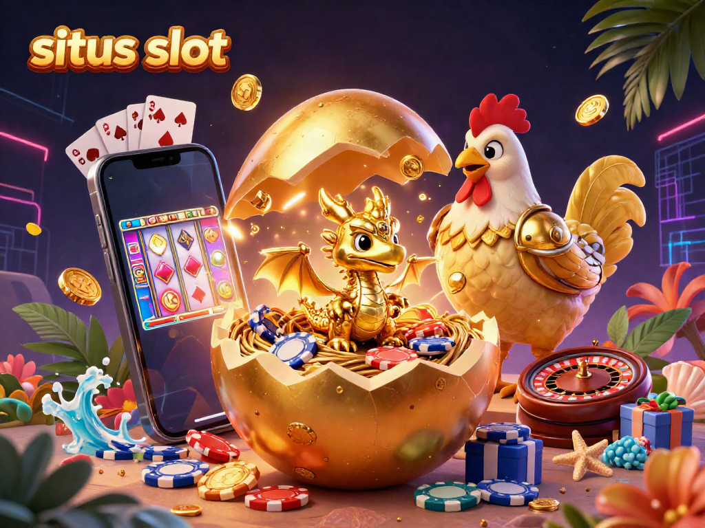 Experience situs slot excitement with a golden dragon and dynamic casino elements in a vibrant 3D illustration.