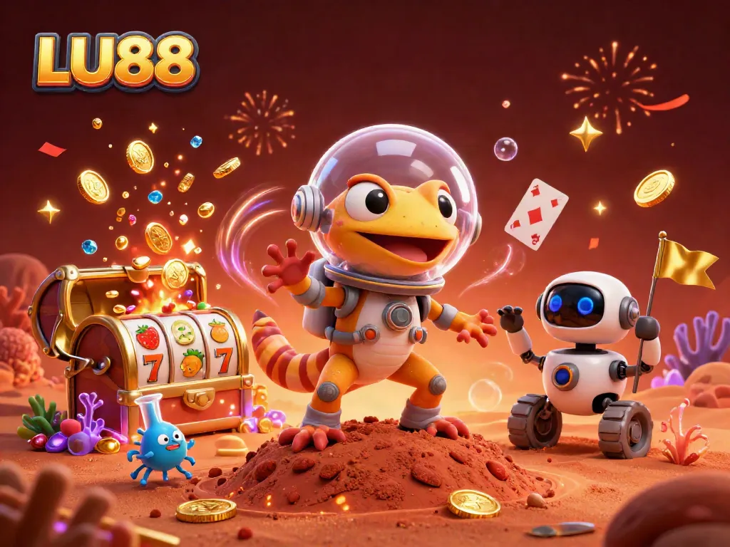 LU88 Martian gecko discovering a hidden golden casino with treasure in a vibrant scene.