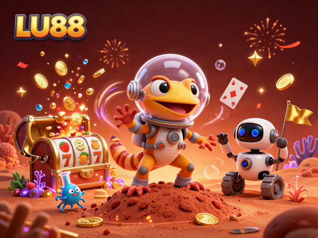 LU88 Martian gecko discovering a hidden golden casino with treasure in a vibrant scene.