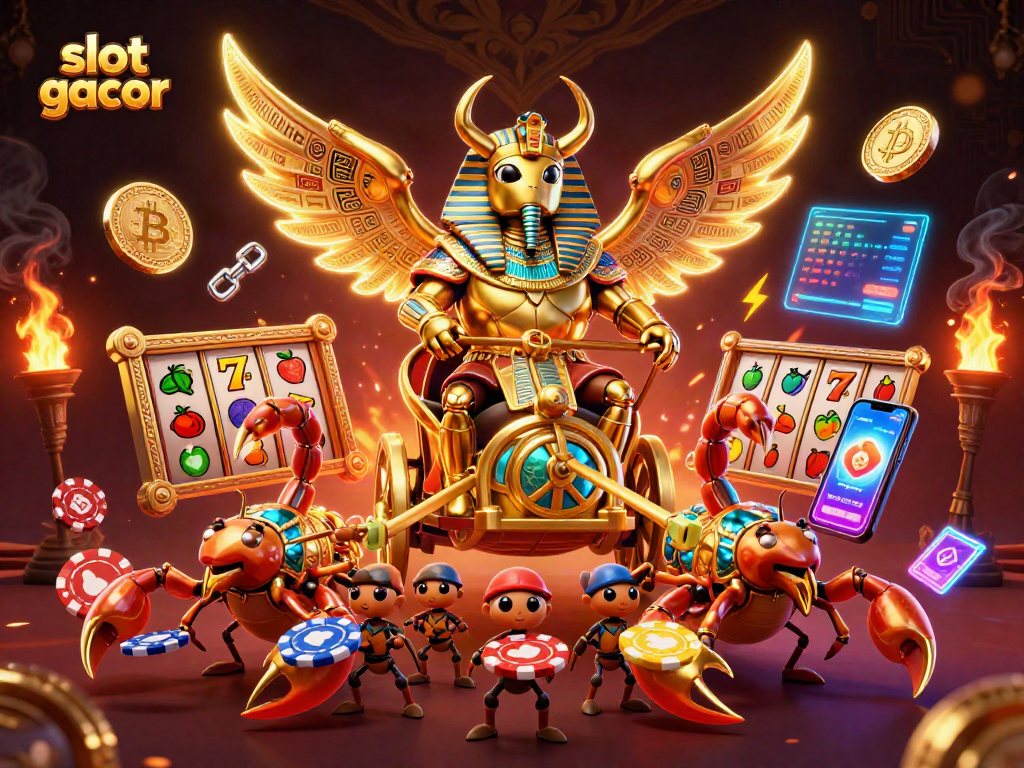 Engage with slot gacor visuals featuring vibrant 3D coins, animated slot reels, and dynamic symbols for an immersive casino experience.