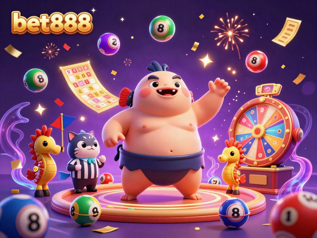 Experience the exciting bet888 online casino scene with the lively fugu sumo wrestler surrounded by vibrant game elements.
