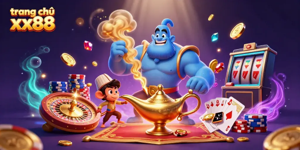 Experience the excitement of trang chủ xx88 with a vibrant casino scene featuring genies and gaming elements.