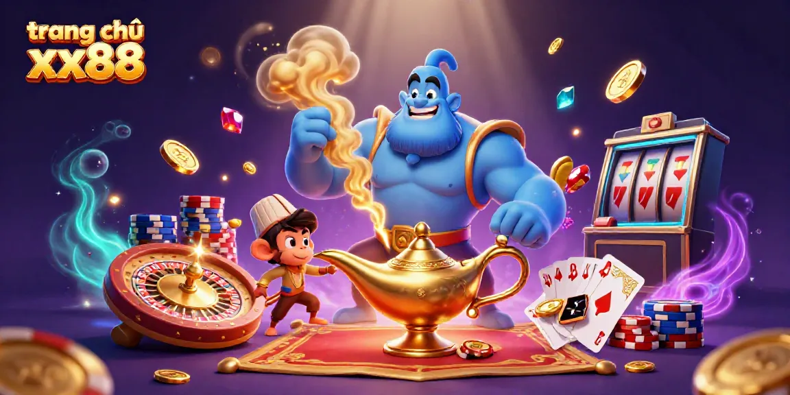 Experience the excitement of trang chủ xx88 with a vibrant casino scene featuring genies and gaming elements.