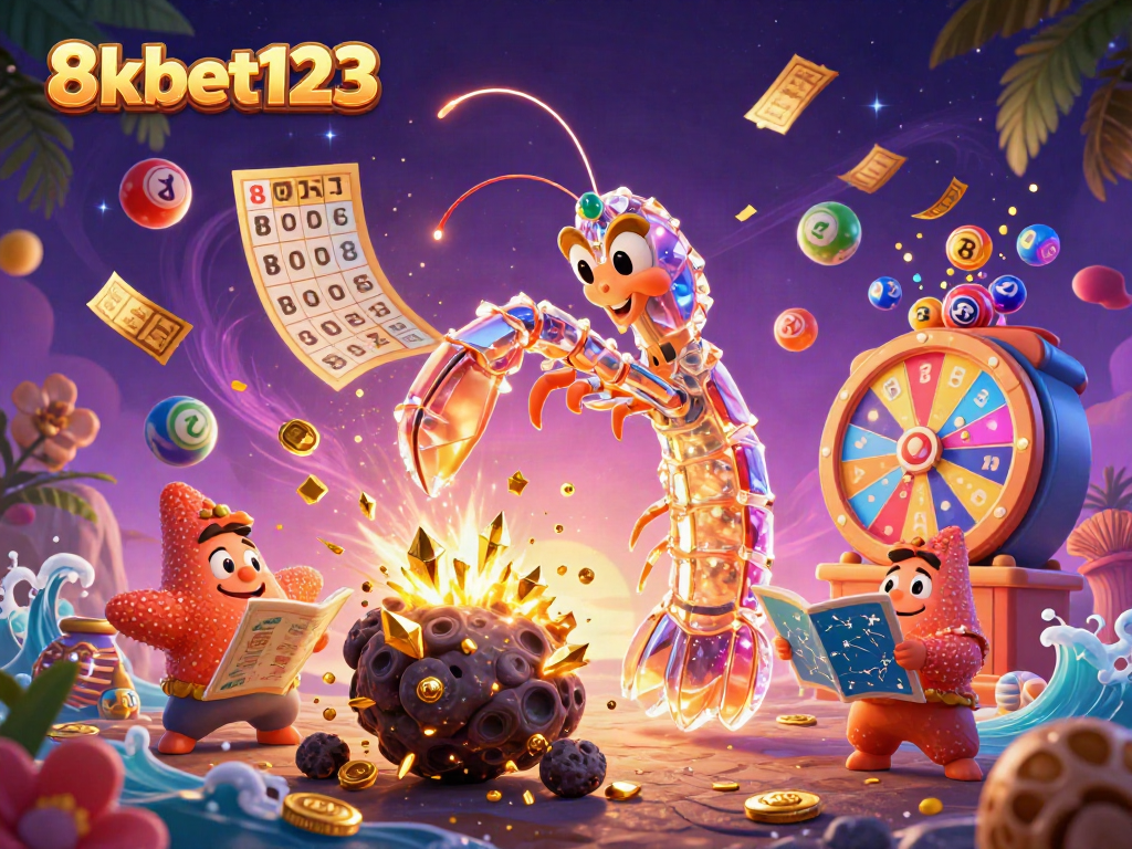 The 8xbet123 scene showcases a vibrant explosion of gems and coins as a galactic samurai mantis shrimp punches through an asteroid.