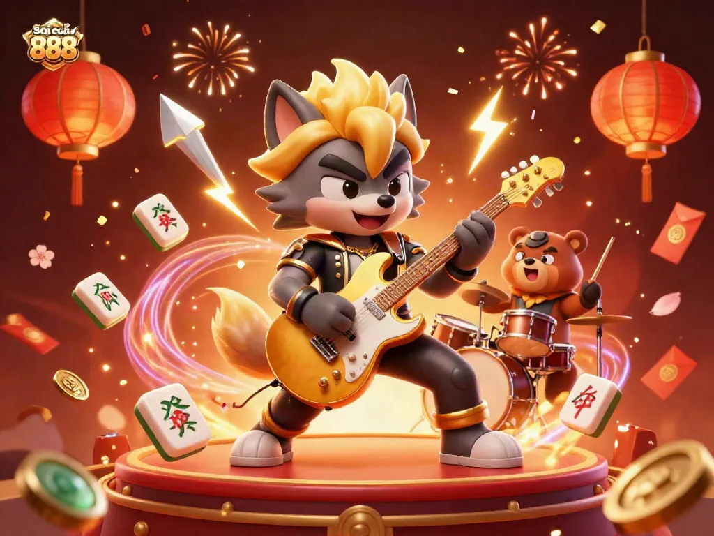 Soi cầu 888 showcases an exciting casino scene with a rock star wolf and drummer bear celebrating with dynamic elements.