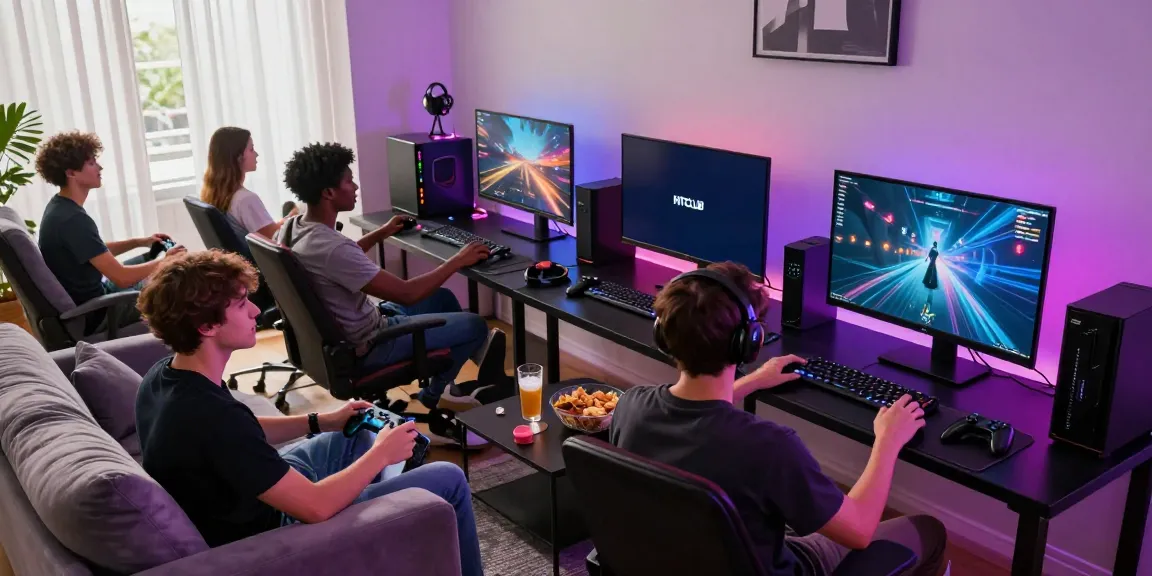 Group of friends enjoying gaming at home with HITCLUB logo displayed.