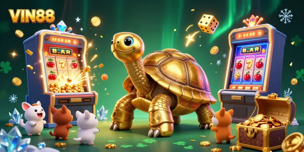 Experience thrilling gameplay at VIN88 with colorful slot machines, excited players, and winning moments.