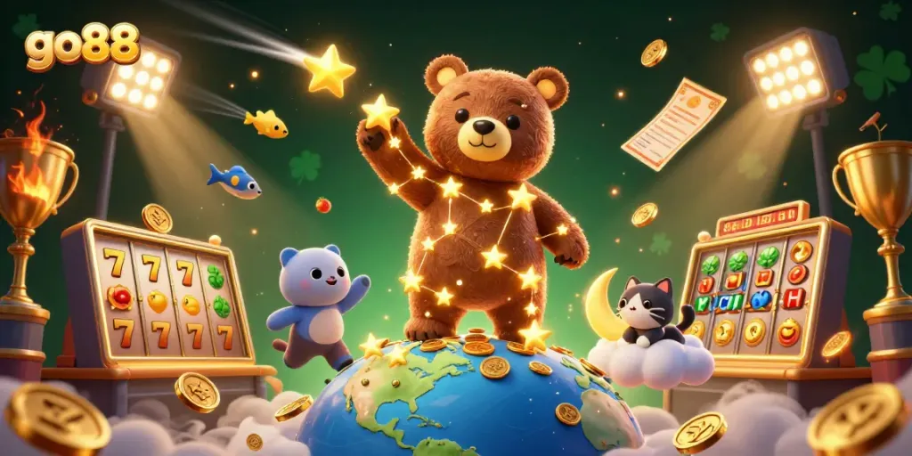Experience go88's dynamic gaming with a soaring constellation bear amidst gold coins and vibrant slot reels.