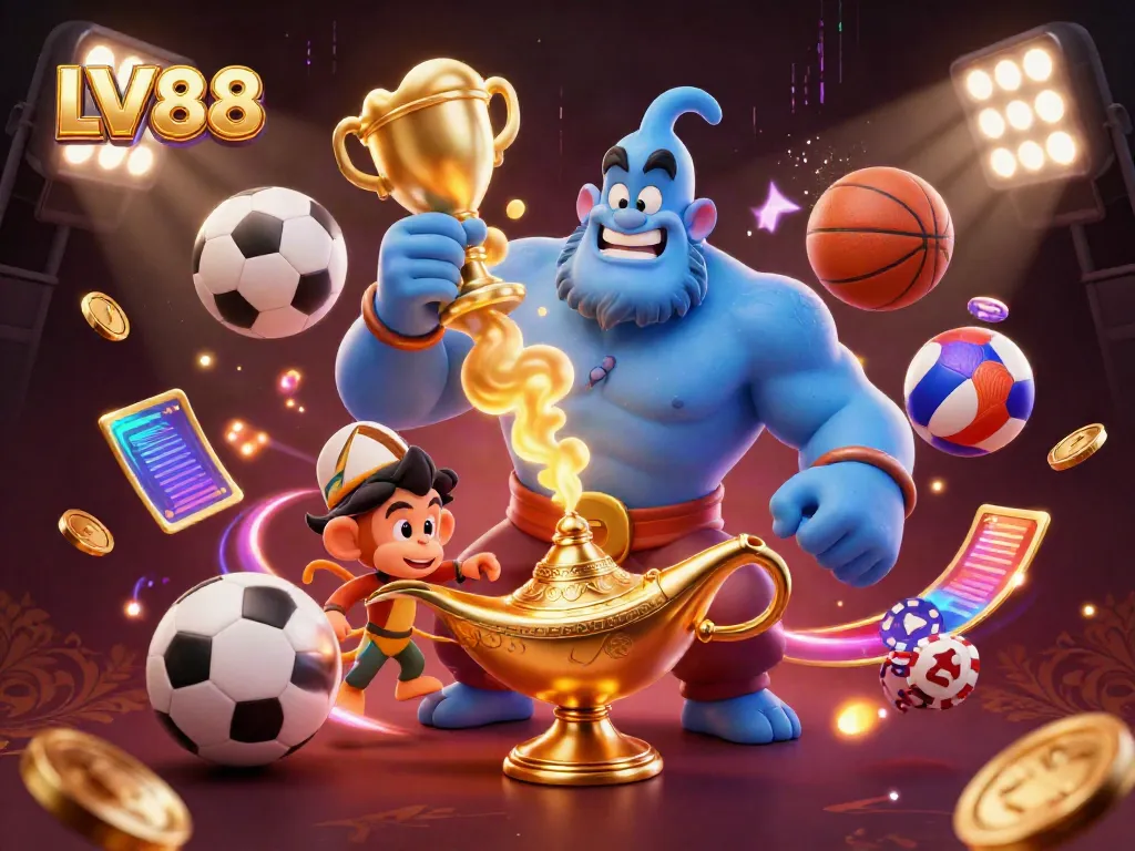 Experience the exciting world of LV88, featuring a dynamic 3D illustration with a genie, monkey, and poker chips amidst energetic sports elements.