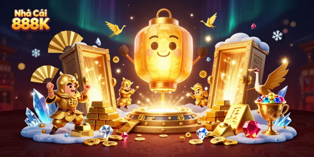 Engage with Nhà Cái 888K in an immersive 3D casino scene packed with golden treasures and lucky symbols.