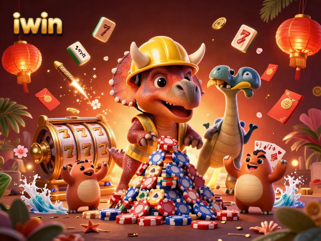 iwin celebrates gaming triumphs with a dynamic illustration of a triceratops and friends amidst casino elements.