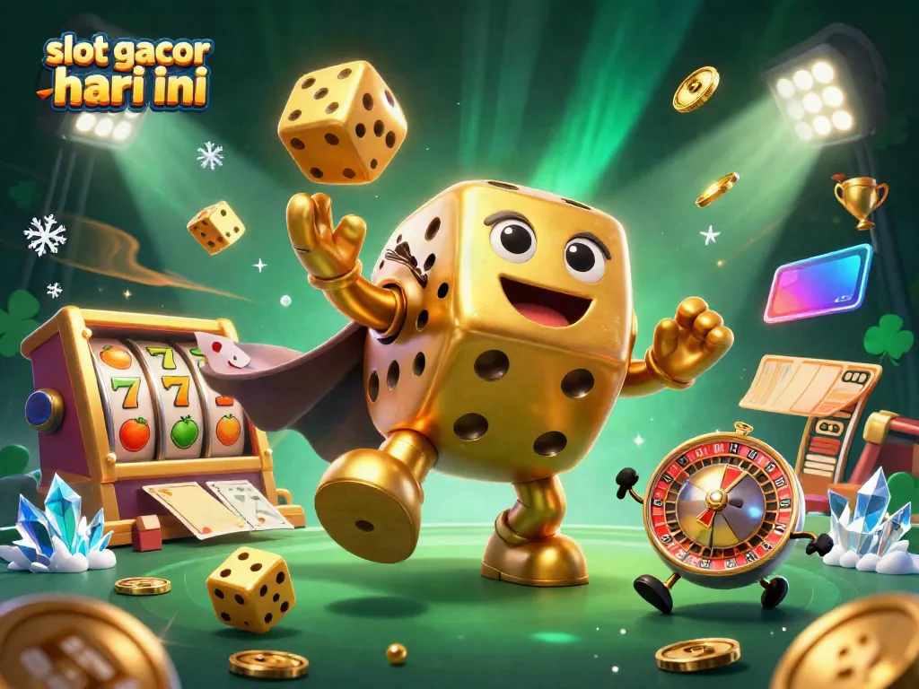 Engaging scene of "slot gacor hari ini" with a golden dice golem, slot reels, and vibrant casino elements.