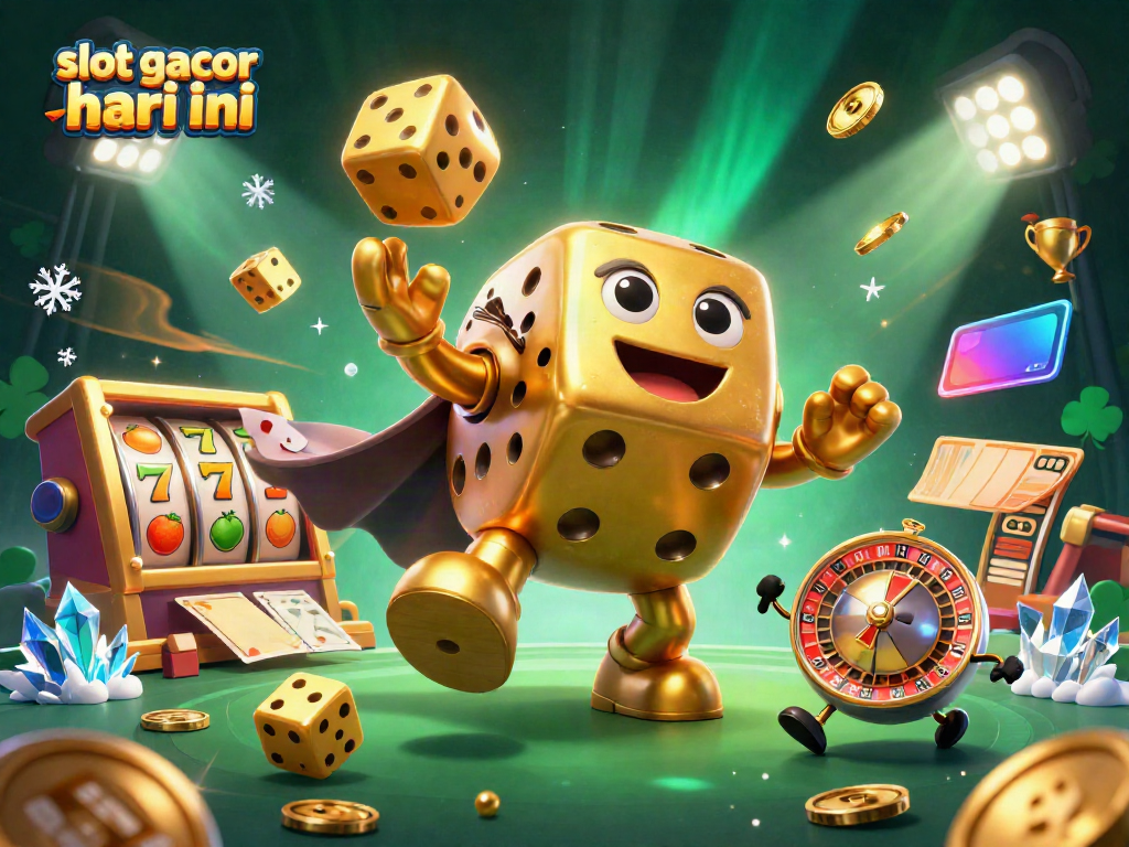 Engaging scene of "slot gacor hari ini" with a golden dice golem, slot reels, and vibrant casino elements.