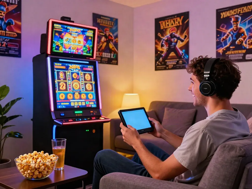Engaging player enjoying slot88 gaming on smartphone in cozy setting.
