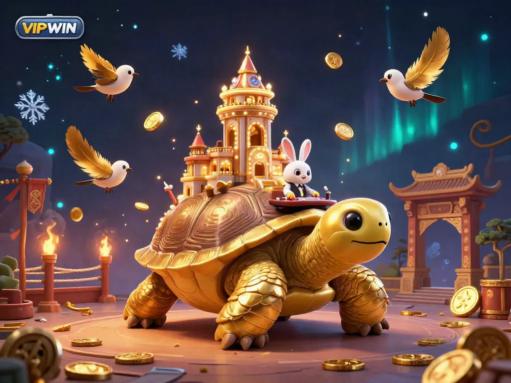 Join the excitement at VIPWIN with a dazzling 3D casino scene, featuring a golden tortoise and dynamic game elements.