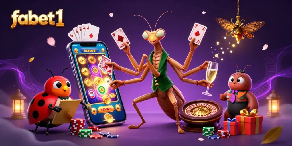 Engage with fabet1's vibrant casino scene featuring a giant mantis and ladybug pit boss amidst dynamic gaming elements.