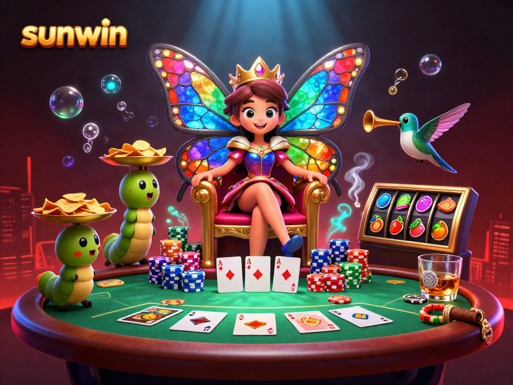 Experience sunwin's thrilling gaming world with a vibrant casino scene featuring a butterfly queen, poker elements, and a dazzling ambiance.