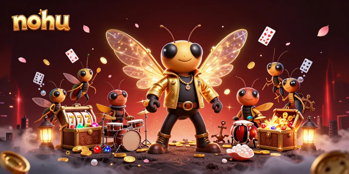 Experience nohu illustrated with a vibrant slot scene featuring a cicada rock star and treasure.