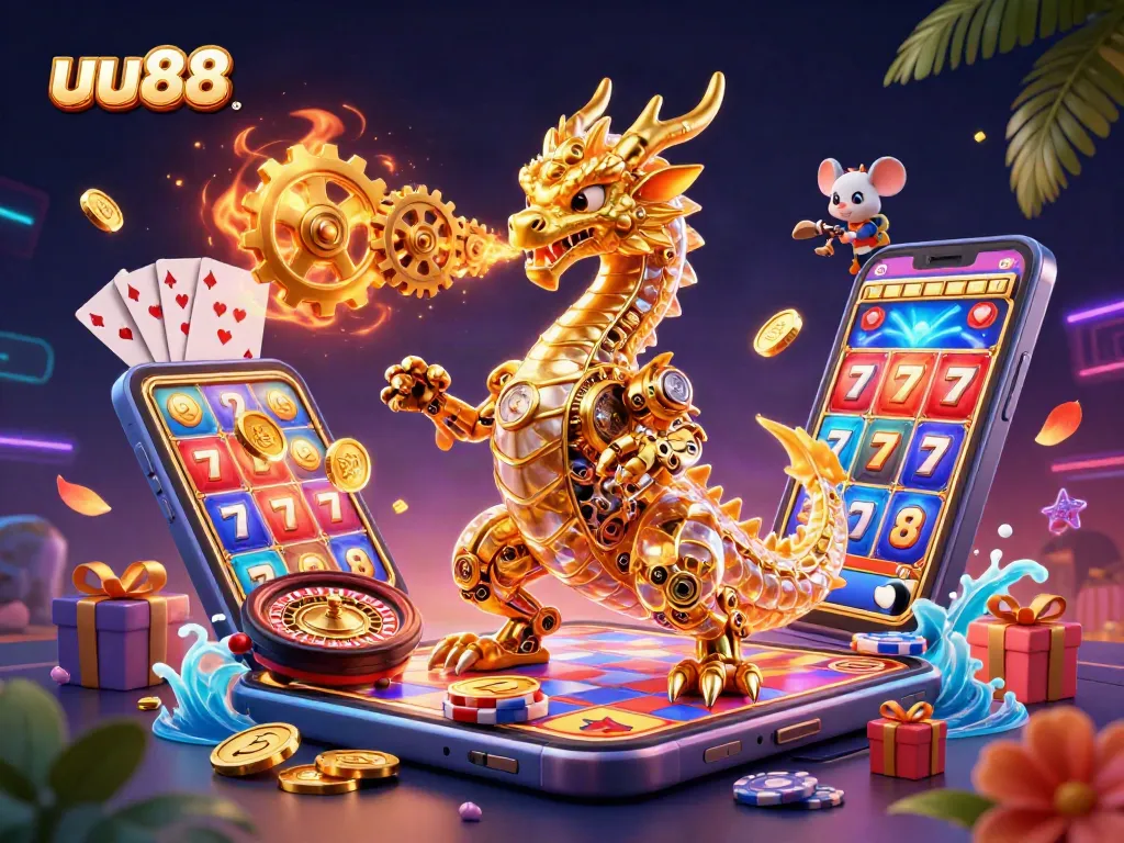 Spin the reels and win big at uu88 with this vibrant 3D casino art, showcasing exciting slot games.