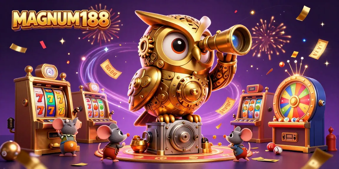 Experience the thrilling MAGNUM188 casino environment with a magical owl and lively gaming elements.