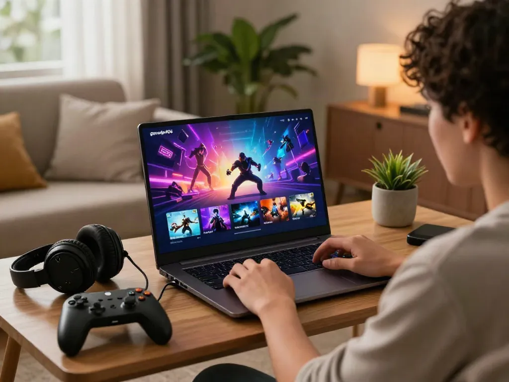 User enjoying gameplay on garuda404 platform in cozy living room setting with vibrant graphics.