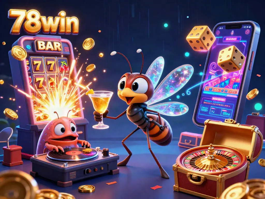Experience the excitement of 78win with a vibrant casino scene featuring dynamic characters and game elements.