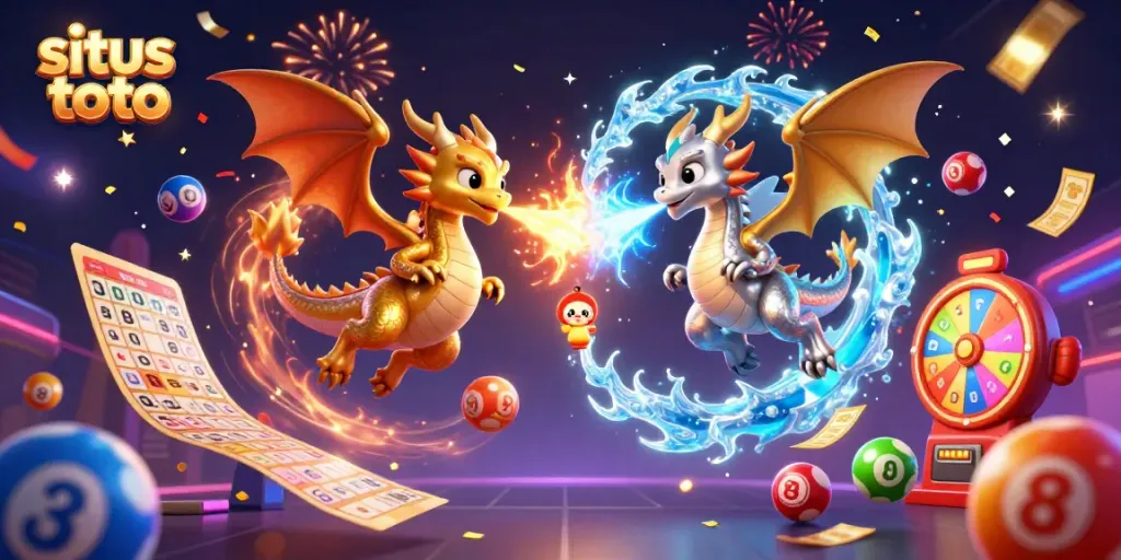 Menangkan permainan situs toto dengan ilustrasi menarik dari naga 3D dan bola lotere yang berwarna-warni.
