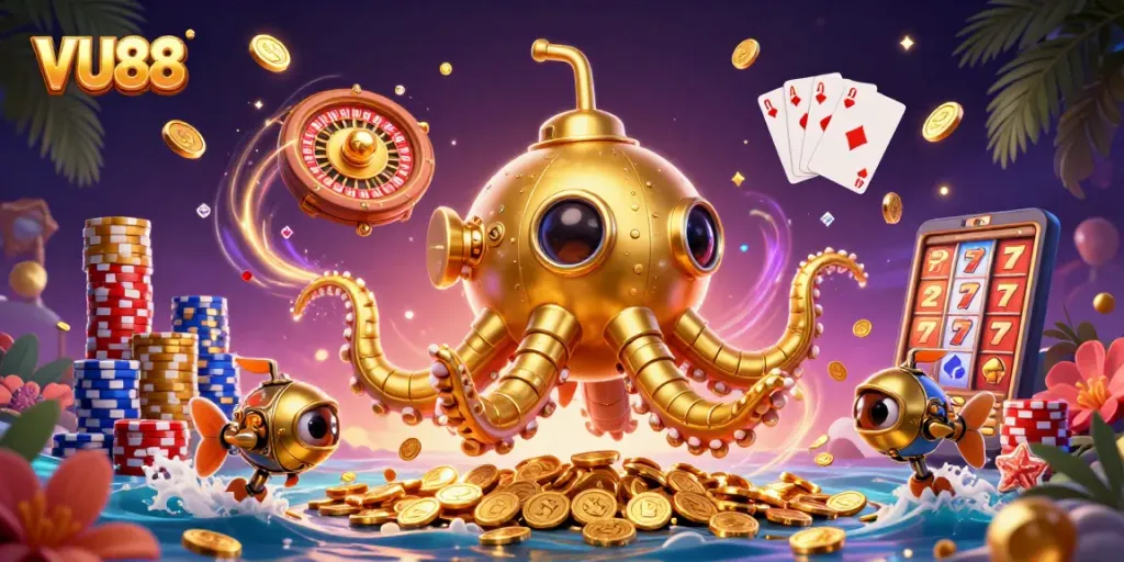 Experience VU88's gaming adventure with a magical kraken submarine and shining treasures.