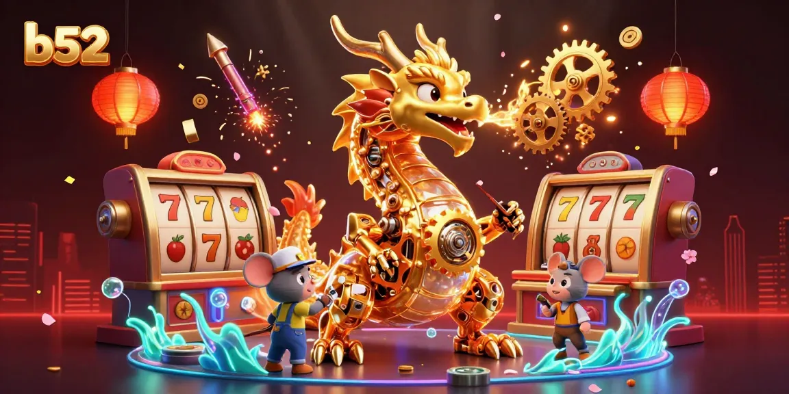 Engage with the thrilling b52 gameplay, featuring a golden dragon and vibrant slot visuals.