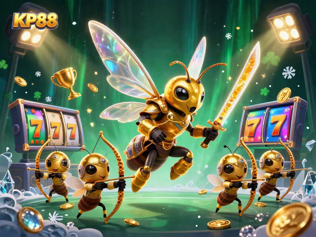 Experience the excitement of KP88 with a vibrant illustration showcasing golden hornets and slot game elements