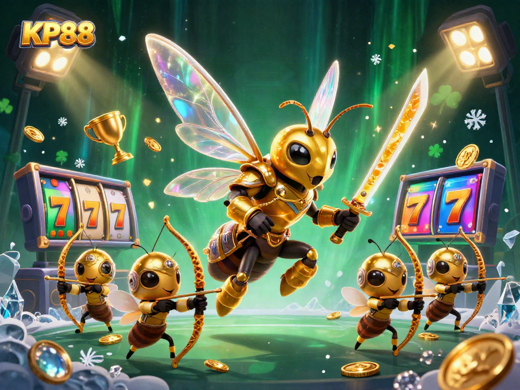 Experience the excitement of KP88 with a vibrant illustration showcasing golden hornets and slot game elements