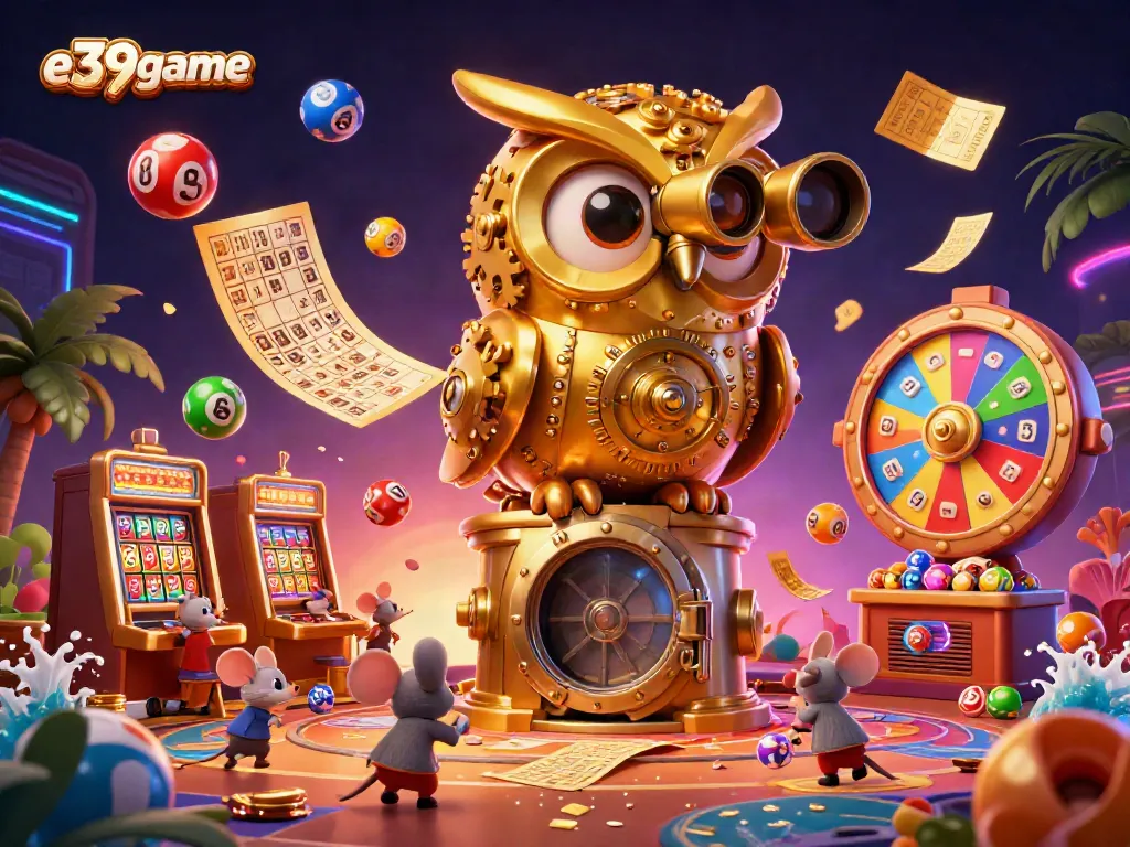 Engage with the captivating e39game scene featuring a golden owl and lively casino atmosphere
