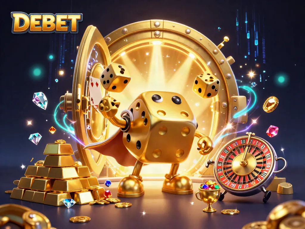 Engage with DEBET's dynamic casino experience showcasing a golden dice golem and glittering treasures.