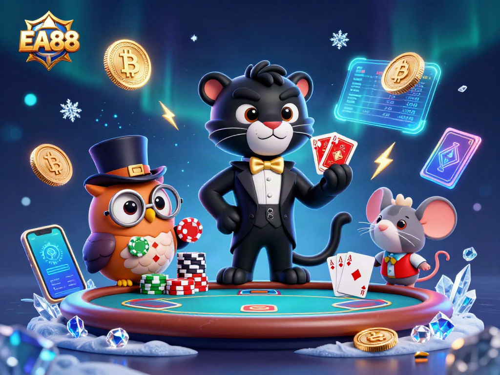 EA88 casino scene featuring a panther dealer, owl with chips, and a mouse with vibrant poker elements.