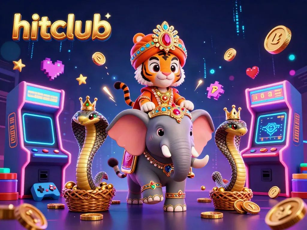Hitclub showcases a lively scene with a tiger maharaja and gaming elements in a dazzling casino setting.