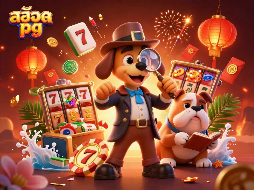 Engage with exciting สล็อต pg slot gameplay featuring characters uncovering treasure and golden poker chip clues.