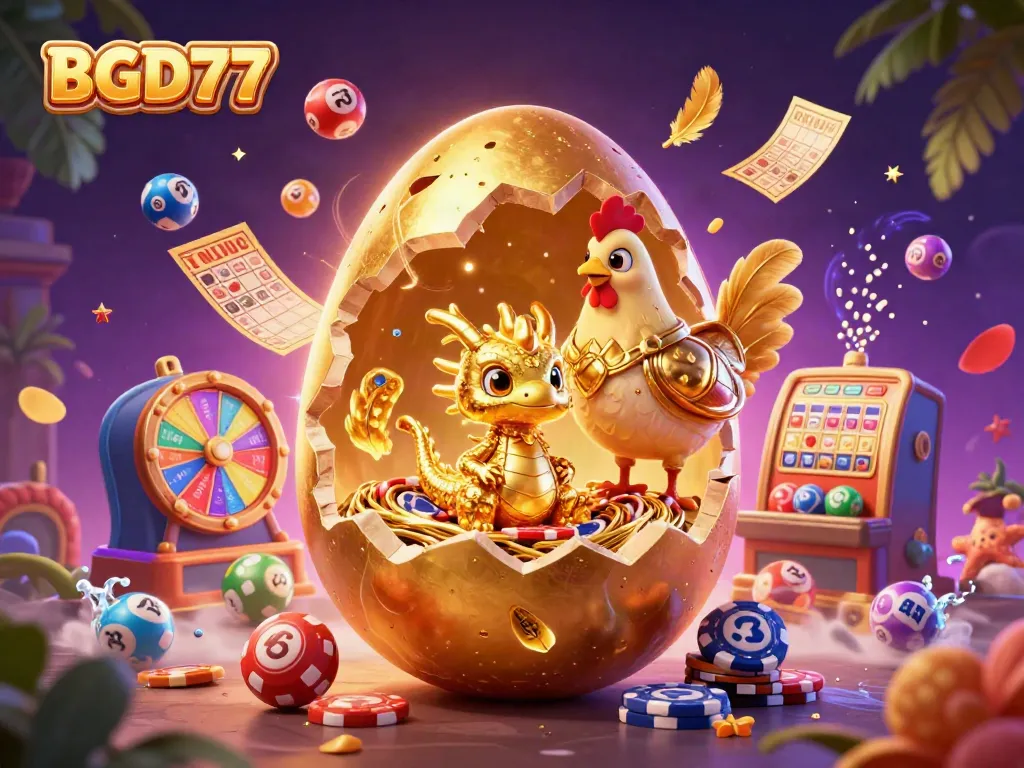 Experience thrilling gameplay at BGD77 with a vibrant scene of a golden egg and dragon amidst casino elements.
