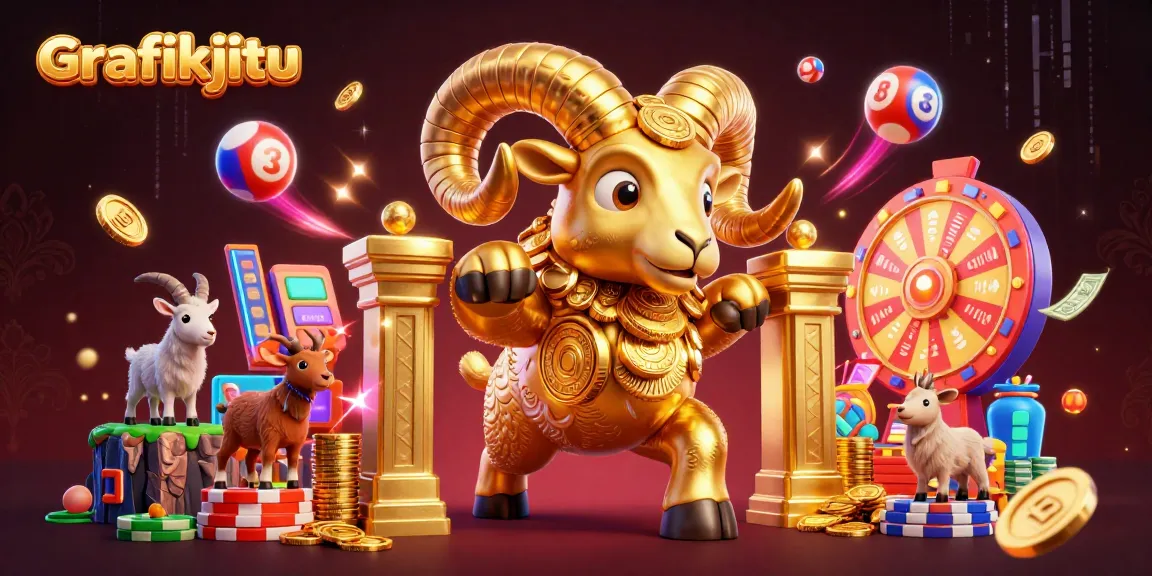 Grafikjitu showcases a vibrant 3D illustration of a golden ram charging through a lottery scene filled with dynamic elements.