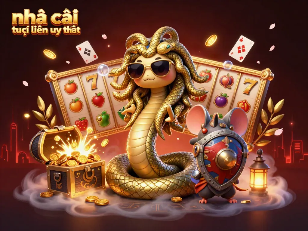 Engage with nhà cái trực tuyến uy tín in this lively casino scene featuring Medusa and a warrior mouse.
